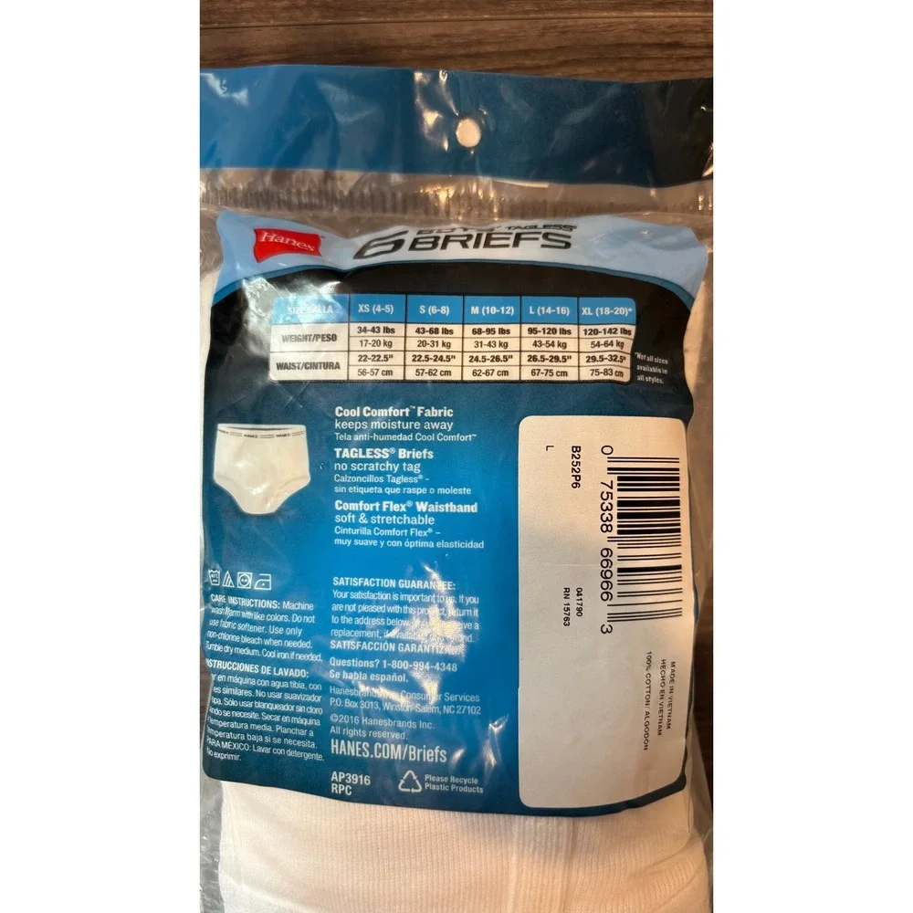 Hanes Boys 6 Pack Tagless Briefs White ComfortSoft Cotton Size Large 14-16